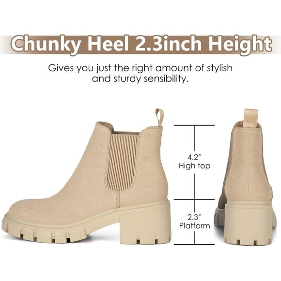 Women's Chelsea Nude Boots Fashion Lug Sole Chunky Heel Slip On Ankle Booties - Picture 3 of 6